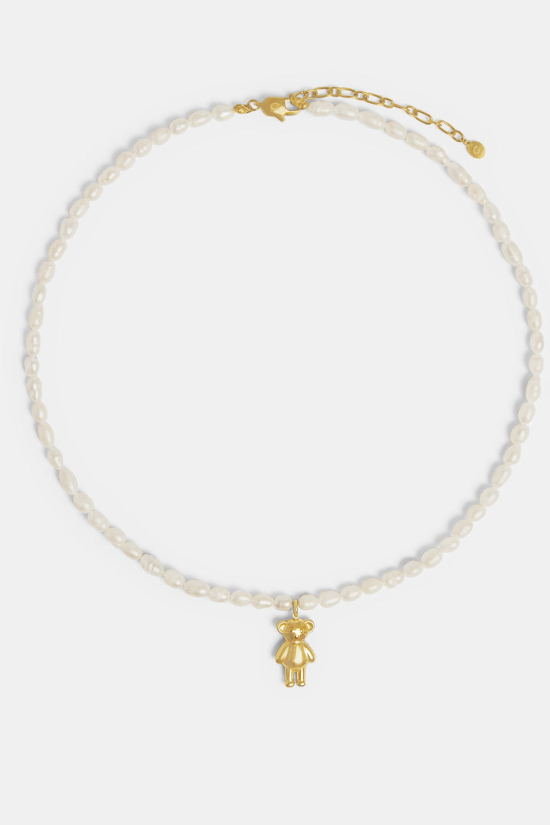 Gold Plated Seed Freshwater Pearl Necklace With Teddy Bear Charm