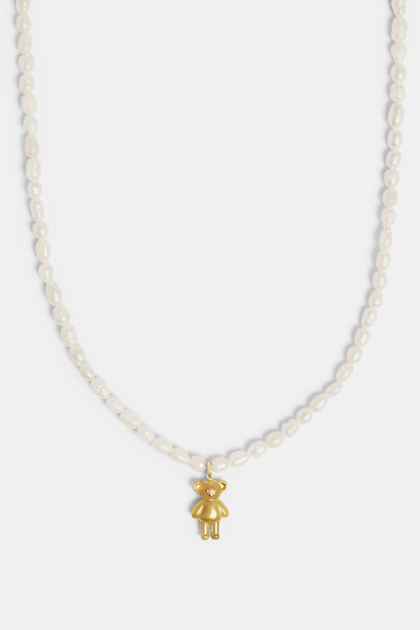 Gold Plated Seed Freshwater Pearl Necklace With Teddy Bear Charm