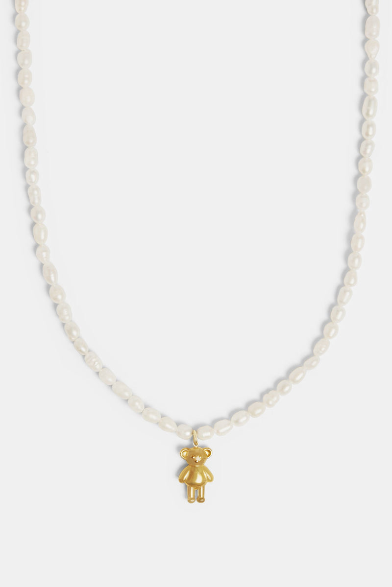 Gold Plated Seed Freshwater Pearl Necklace With Teddy Bear Charm