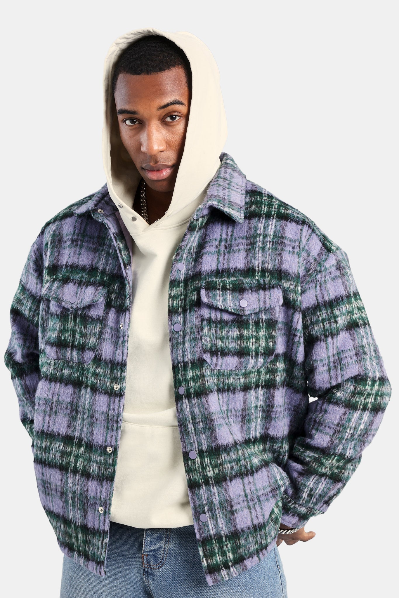 Oversized Brushed Check Overshirt - Purple