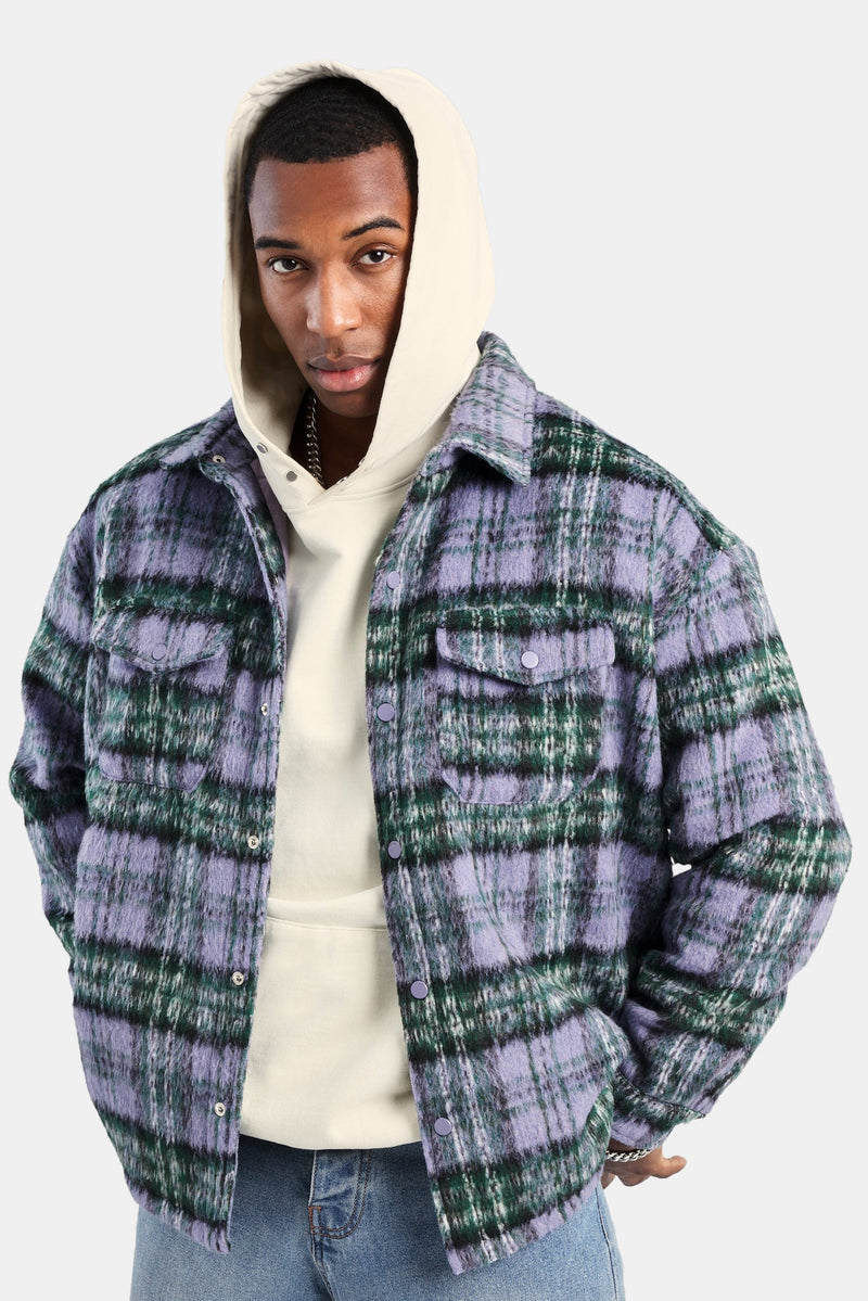 Oversized Brushed Check Overshirt - Purple