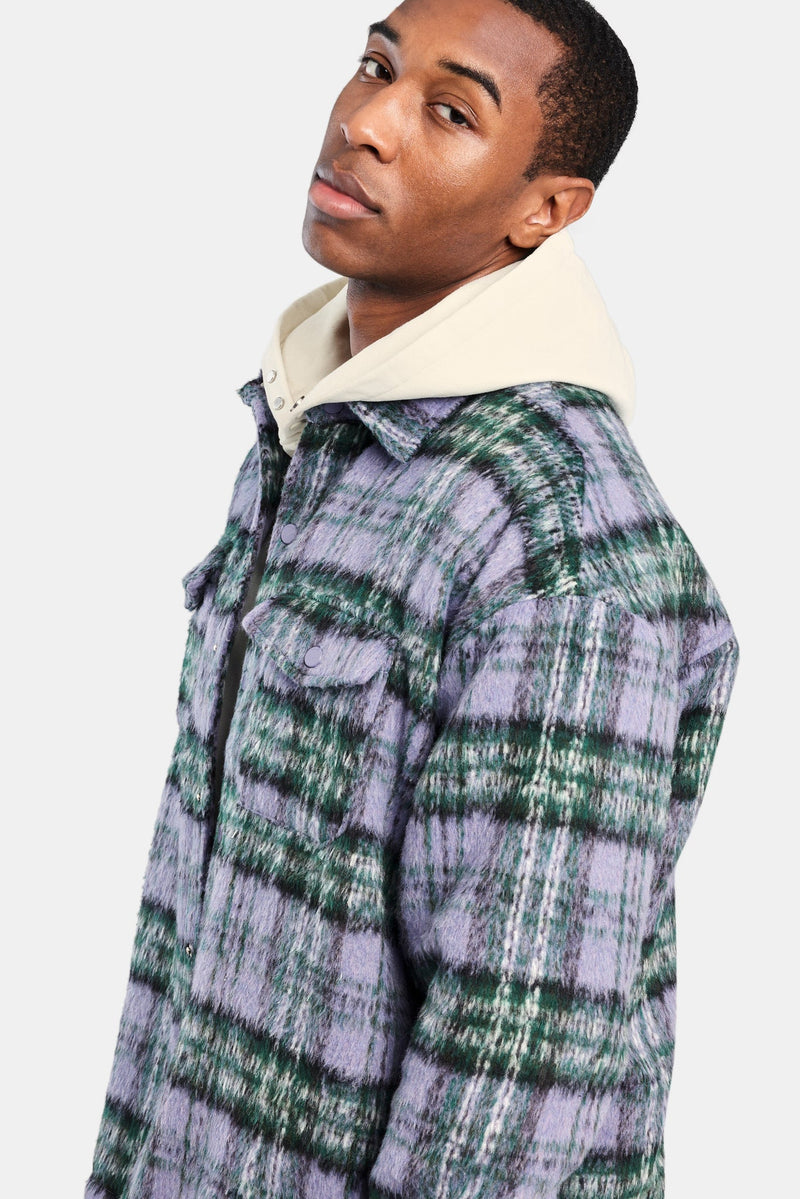 Oversized Brushed Check Overshirt - Purple