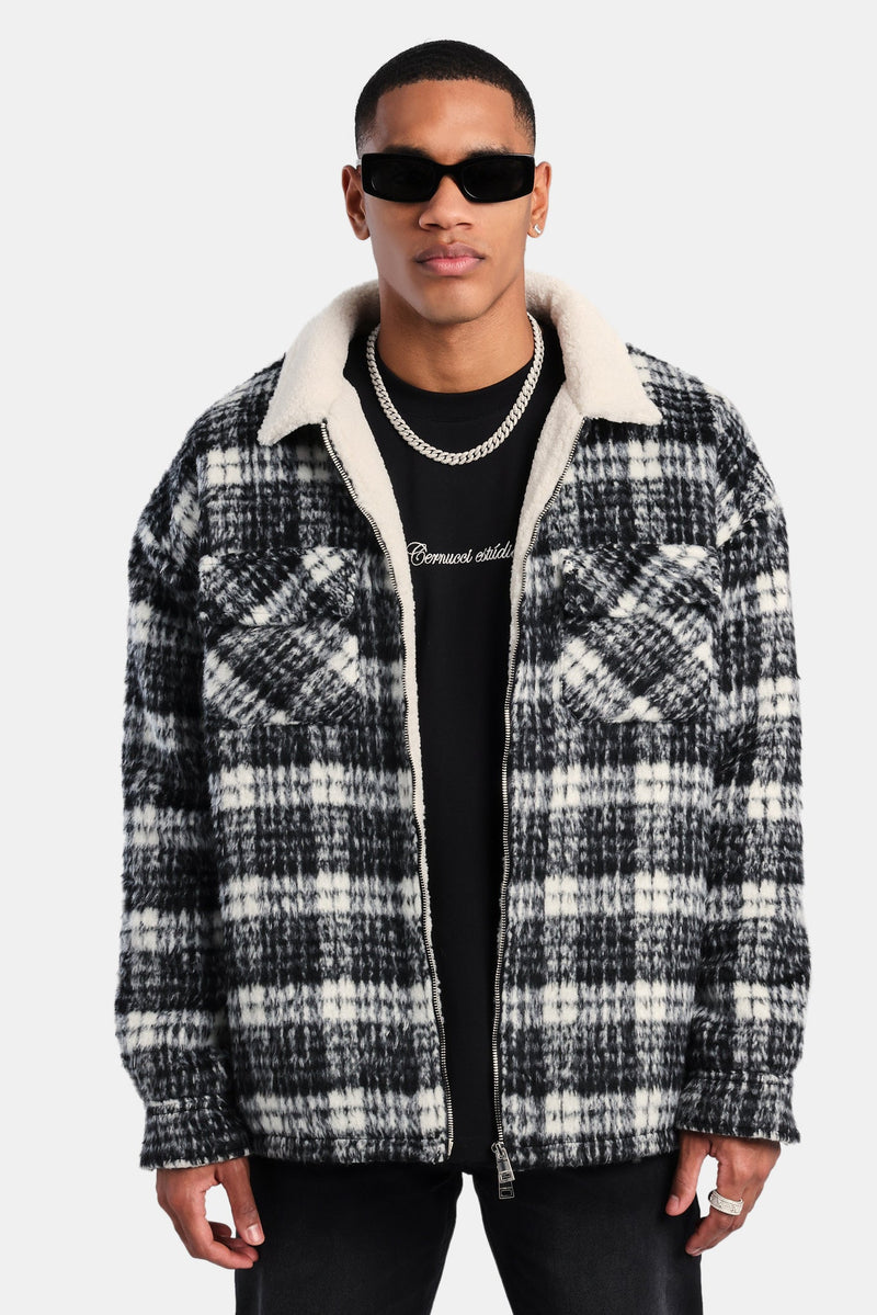 Oversized Check Zip Borg Lined Overshirt - Black