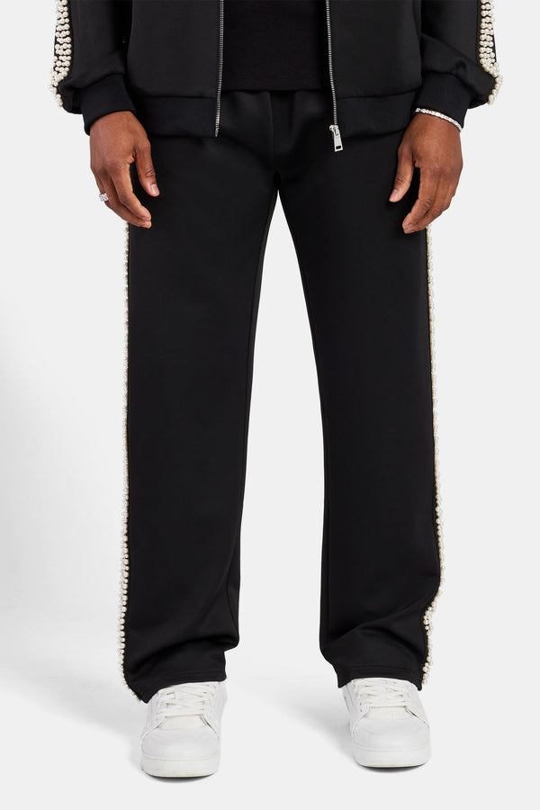 Pearl Detail Straight Leg Trouser  - Black