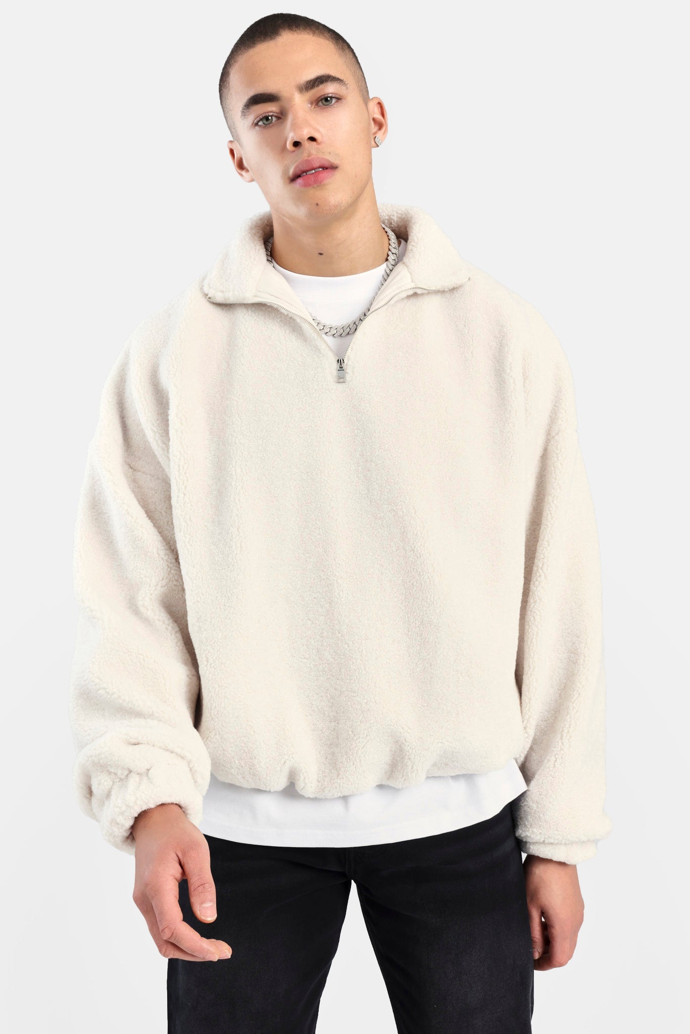 Borg Half Zip Sweatshirt - Off White | Mens Hoodies & Sweats