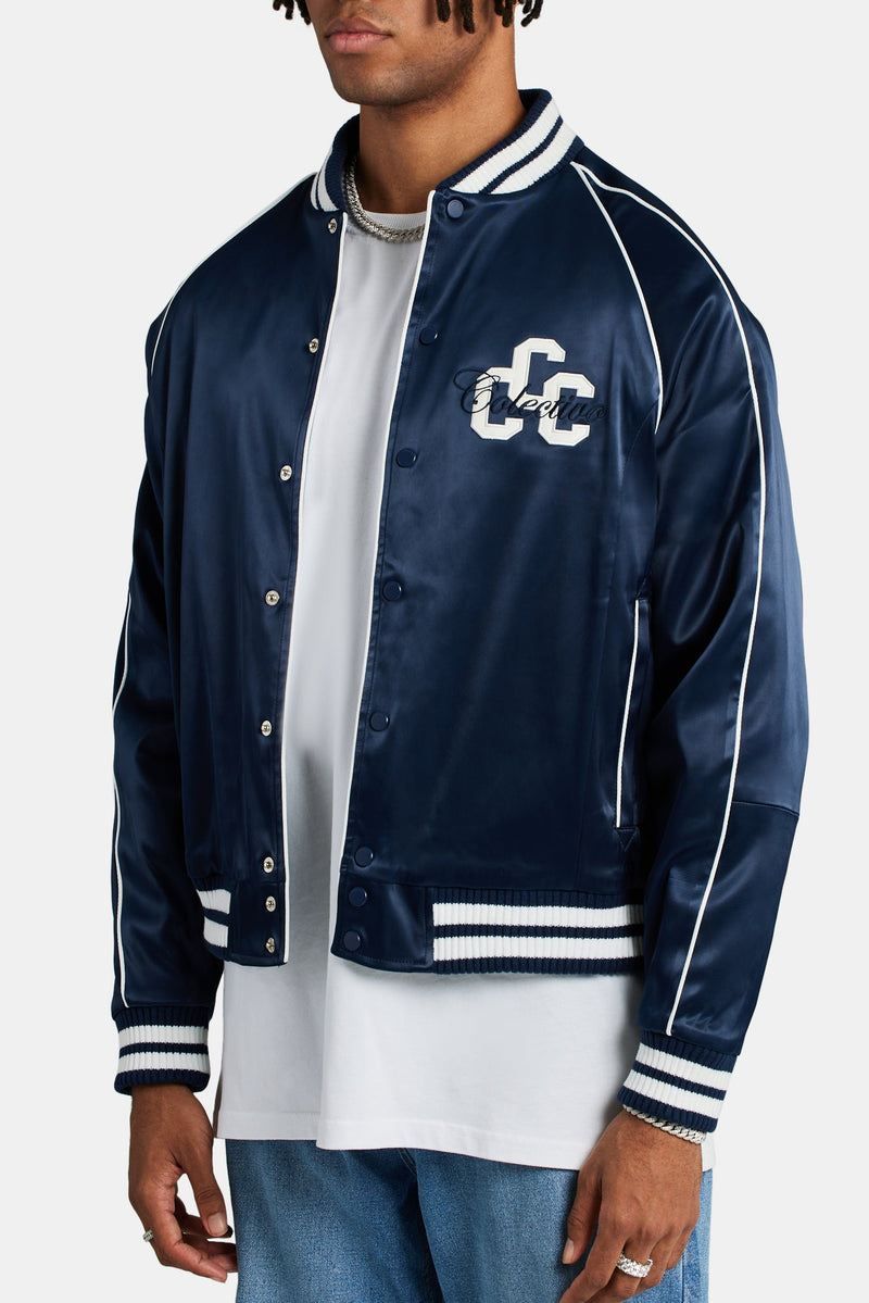 Cernucci Satin Souvenir Bomber Jacket - Navy