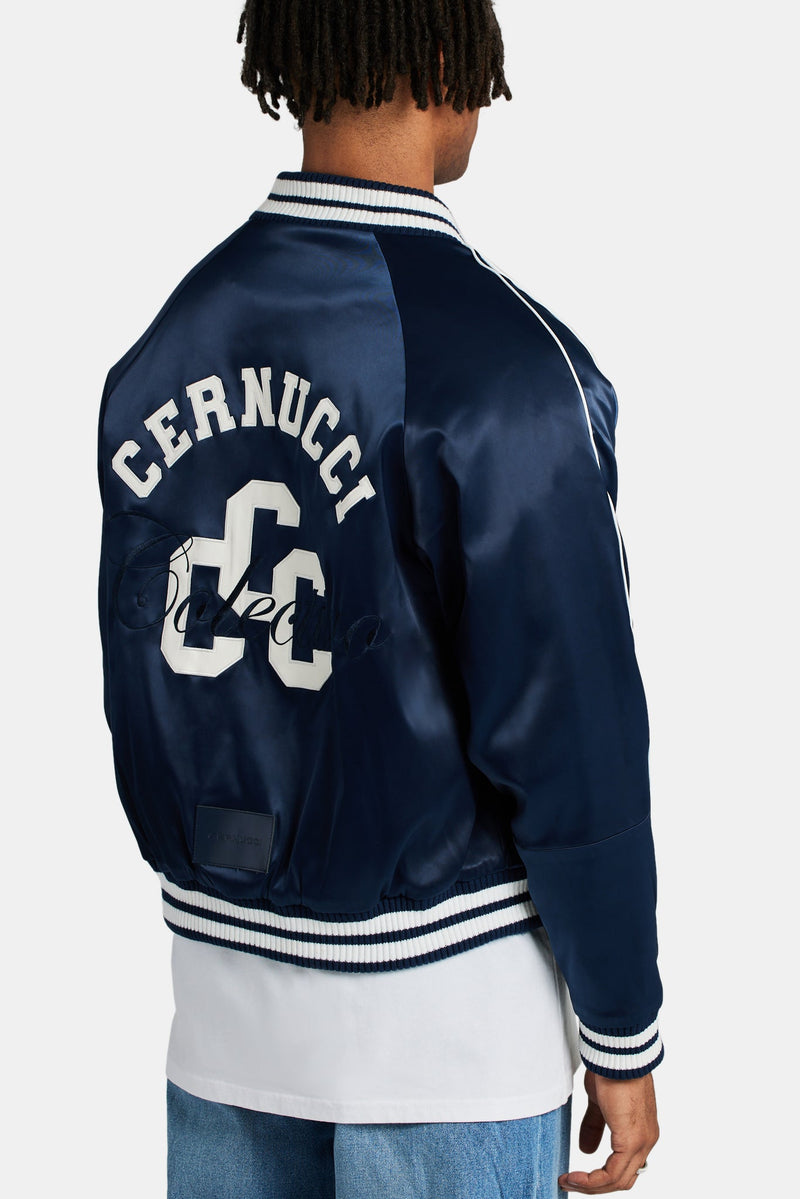 Cernucci Satin Souvenir Bomber Jacket - Navy