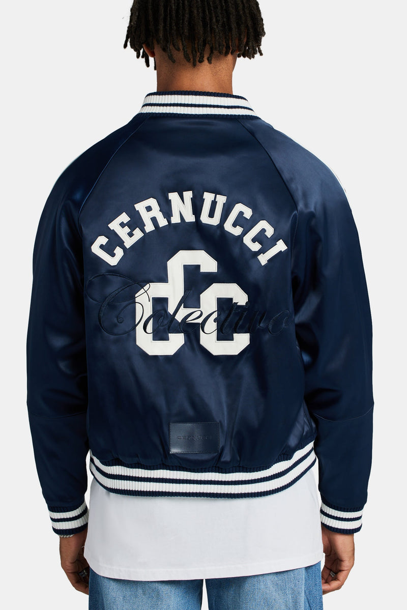 Cernucci Satin Souvenir Bomber Jacket - Navy