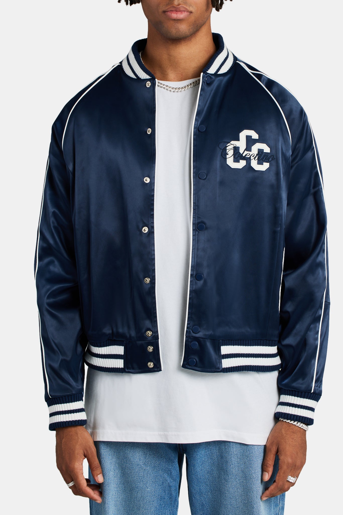 Cernucci Satin Souvenir Bomber Jacket - Navy | Mens Outerwear | Shop ...