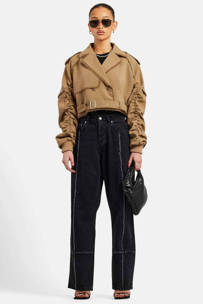 Ladies Cropped Cargo Trench - Beige