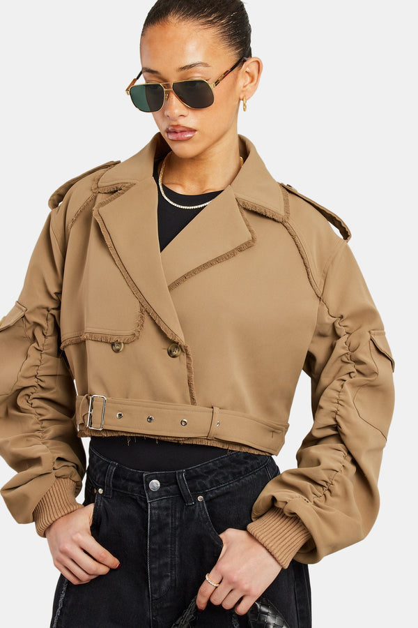 Ladies Cropped Cargo Trench - Beige