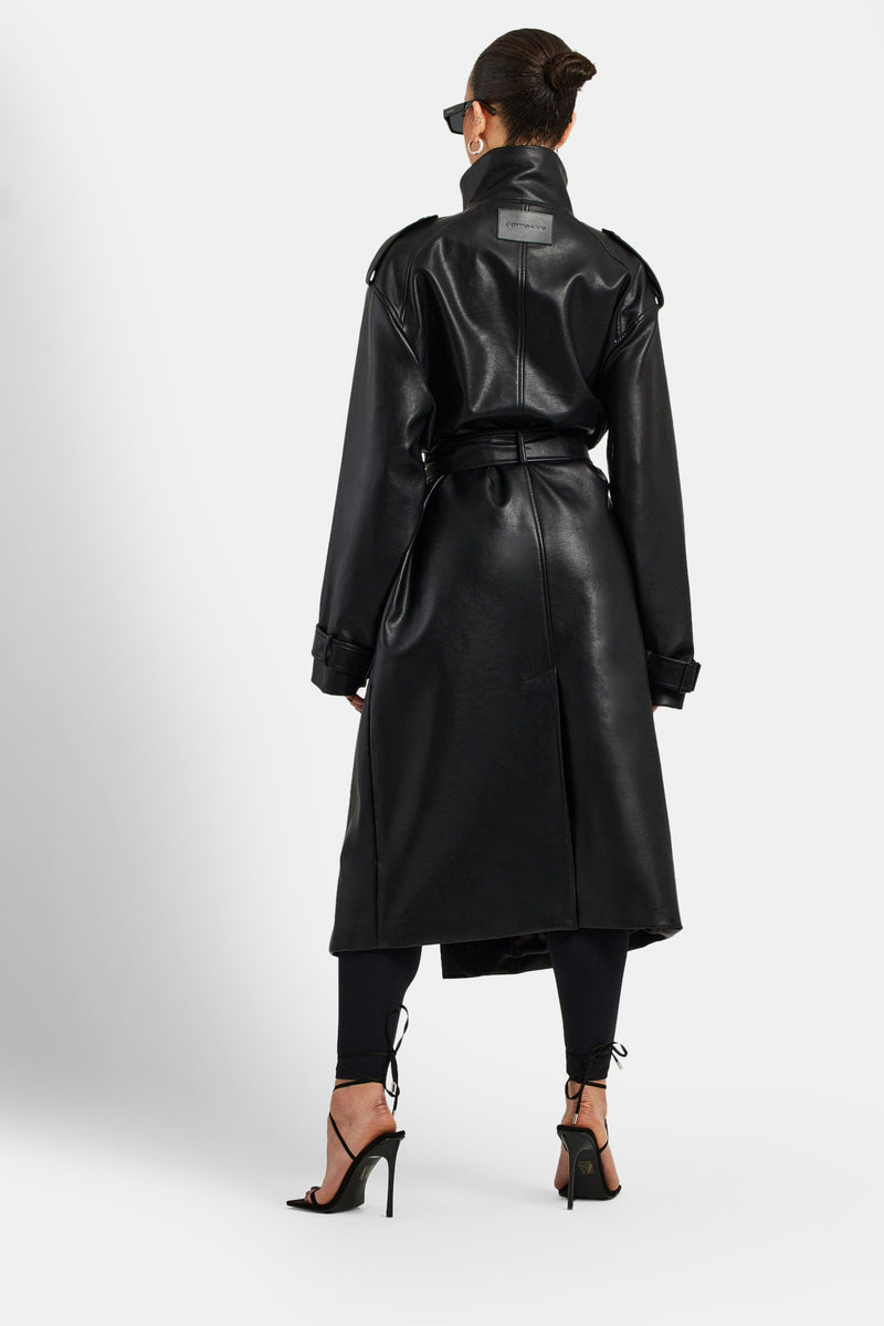 Ladies Faux Leather Trench Coat - Black