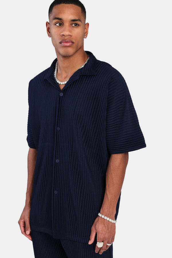 Short Sleeve Pleated Shirt - Navy