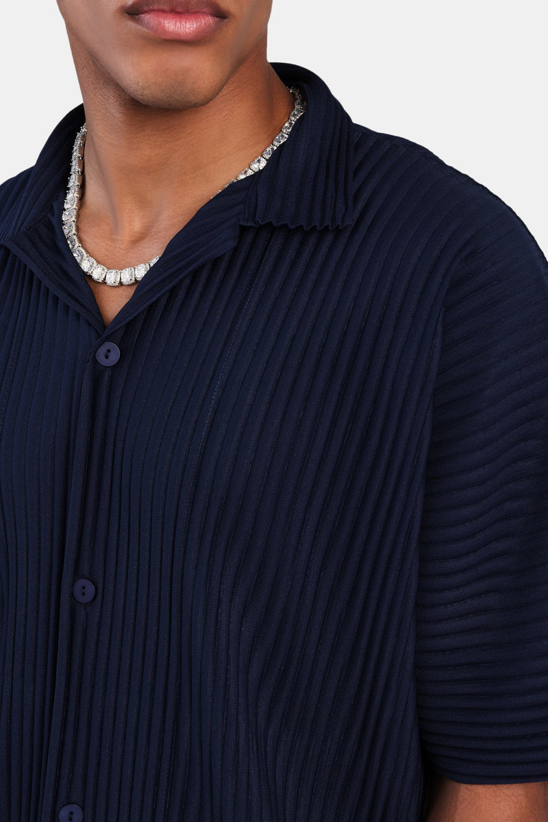 Short Sleeve Pleated Shirt - Navy
