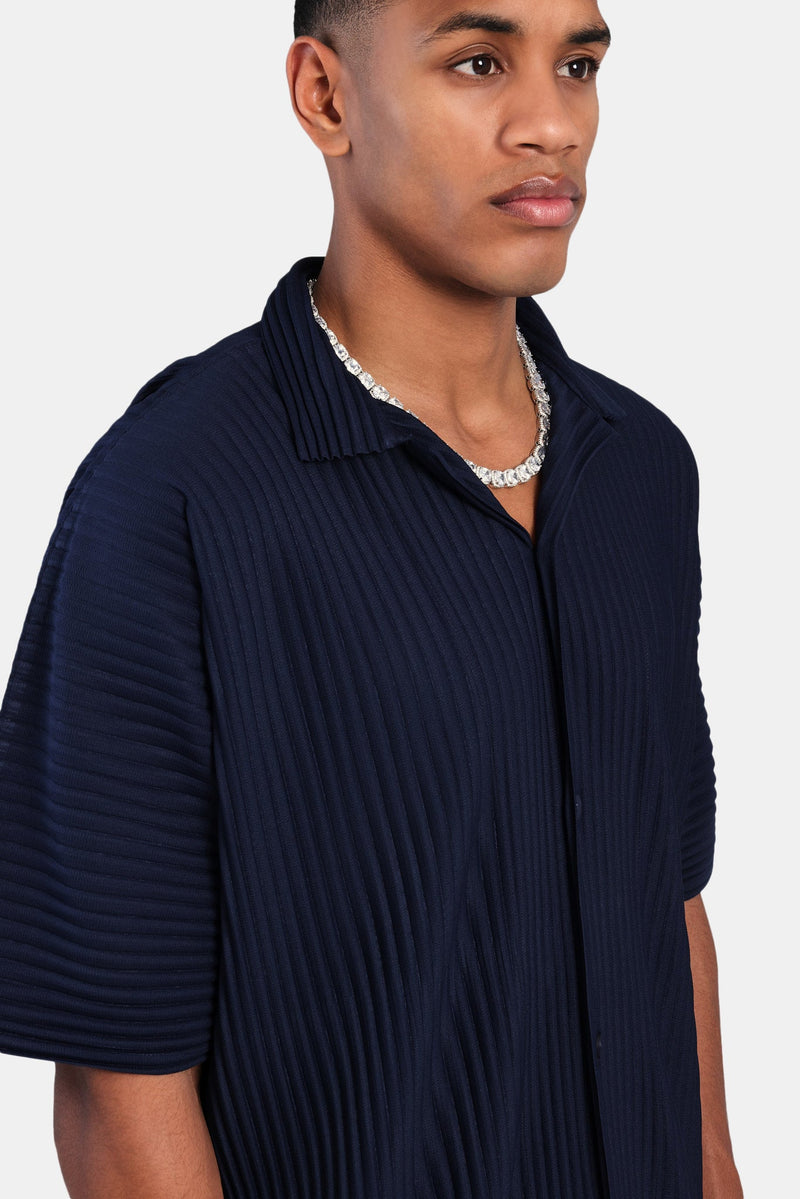 Short Sleeve Pleated Shirt - Navy