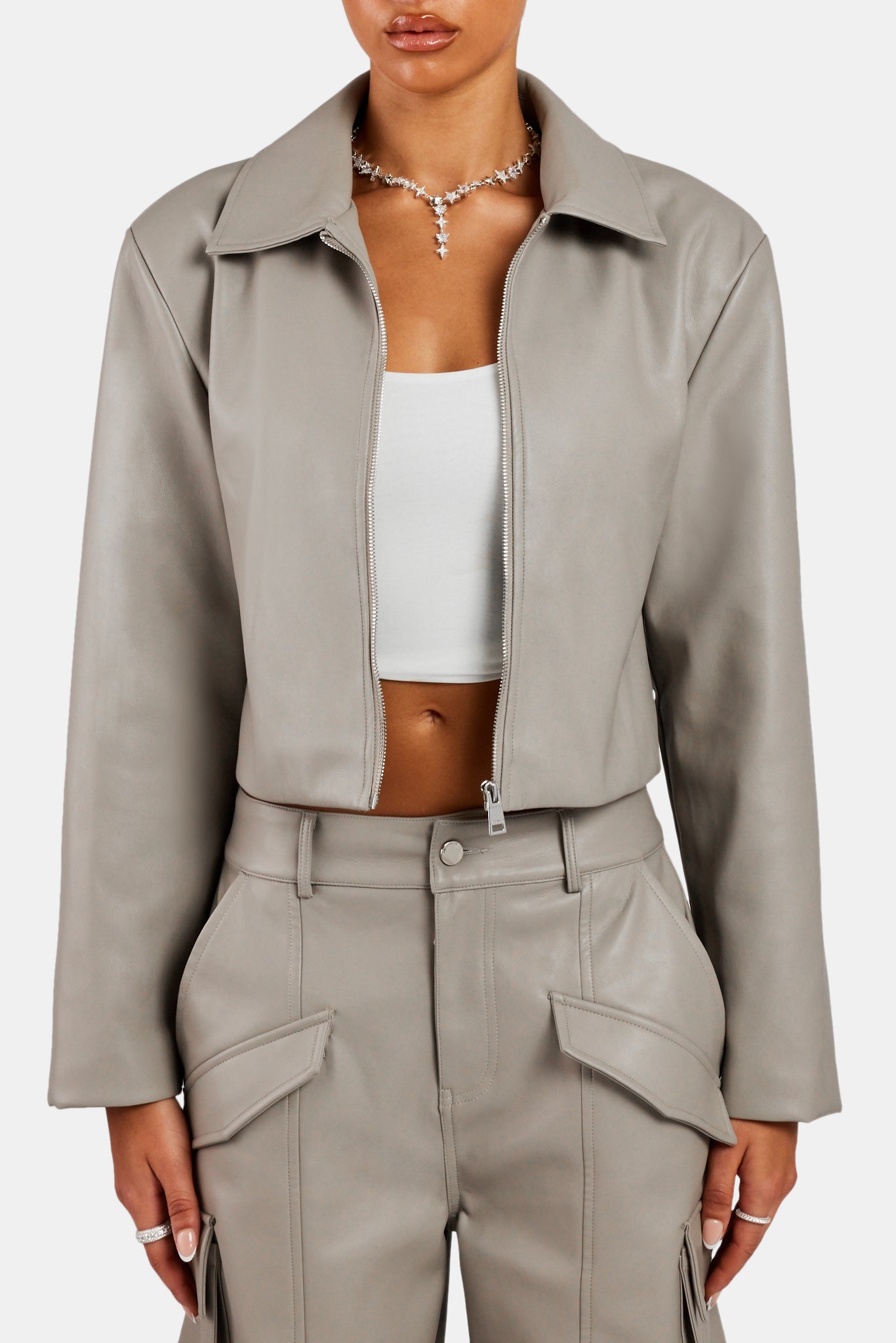 PU Cropped Jacket With Shoulder Pads Beige Womens Outerwear Shop