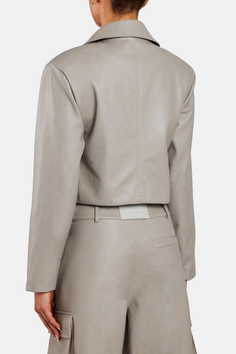 PU Cropped Jacket With Shoulder Pads - Beige