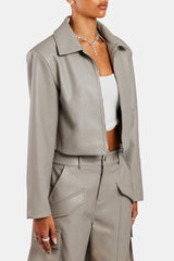 PU Cropped Jacket With Shoulder Pads - Beige