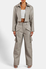 PU Cropped Jacket With Shoulder Pads - Beige