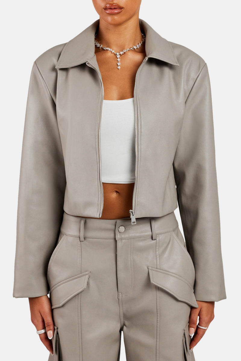 PU Cropped Jacket With Shoulder Pads - Beige