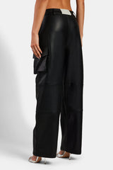 Wide Leg Faux Leather Cargo Trouser - Black