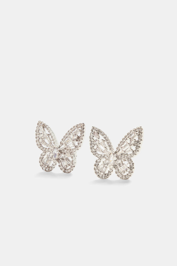 Sterling Silver Iced CZ Baguette Butterfly Stud Earrings