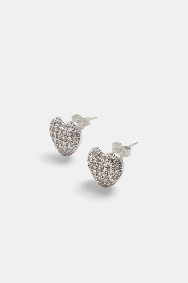 Sterling Silver Iced CZ Pave Heart Stud Earrings