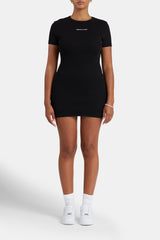 Embroidered Ribbed Short Sleeve Dress - Black