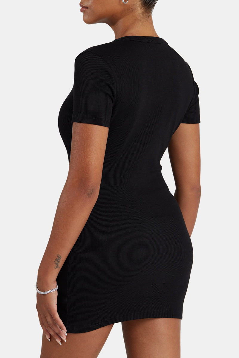 Embroidered Ribbed Short Sleeve Dress - Black