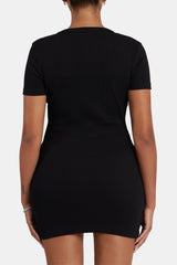 Embroidered Ribbed Short Sleeve Dress - Black