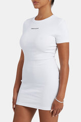 Embroidered Ribbed Short Sleeve Dress - White
