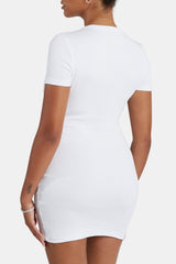 Embroidered Ribbed Short Sleeve Dress - White