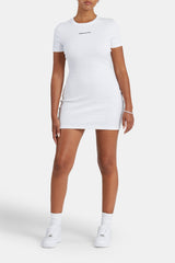 Embroidered Ribbed Short Sleeve Dress - White