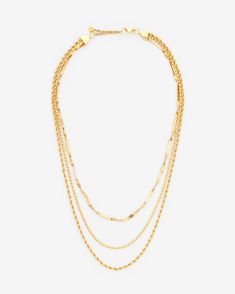 Triple Layer Snake And Twist Necklace - Gold
