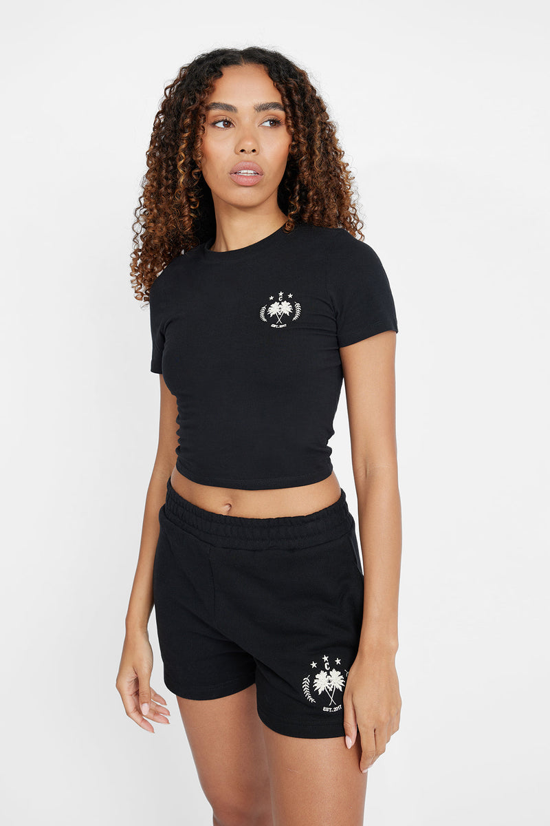 Palm Crest Short Sleeve Top - Black