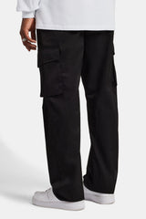 Elasticated Waistband Straight Leg Cargo Trousers  - Black