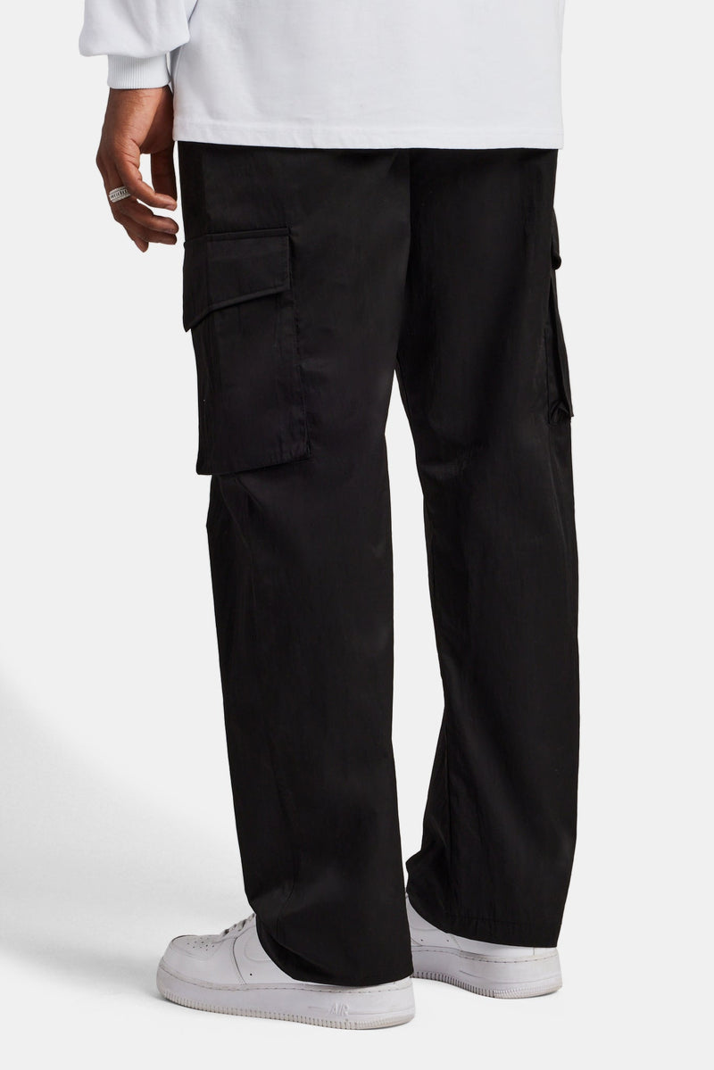 Elasticated Waistband Straight Leg Cargo Trousers  - Black