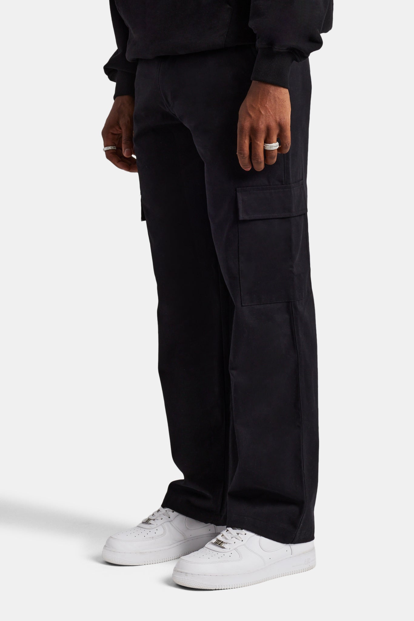 Fixed Waistband Relaxed Cargo Trouser  - Black