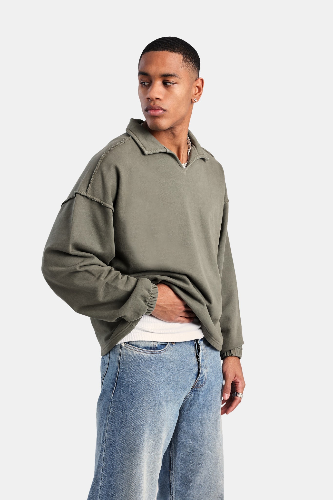 Long Sleeve Collared Sweatshirt - Washed Green | Mens Hoodies