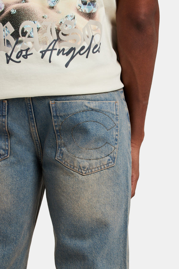 Relaxed Rhinestone Pocket Detail Jeans  - Antique Wash