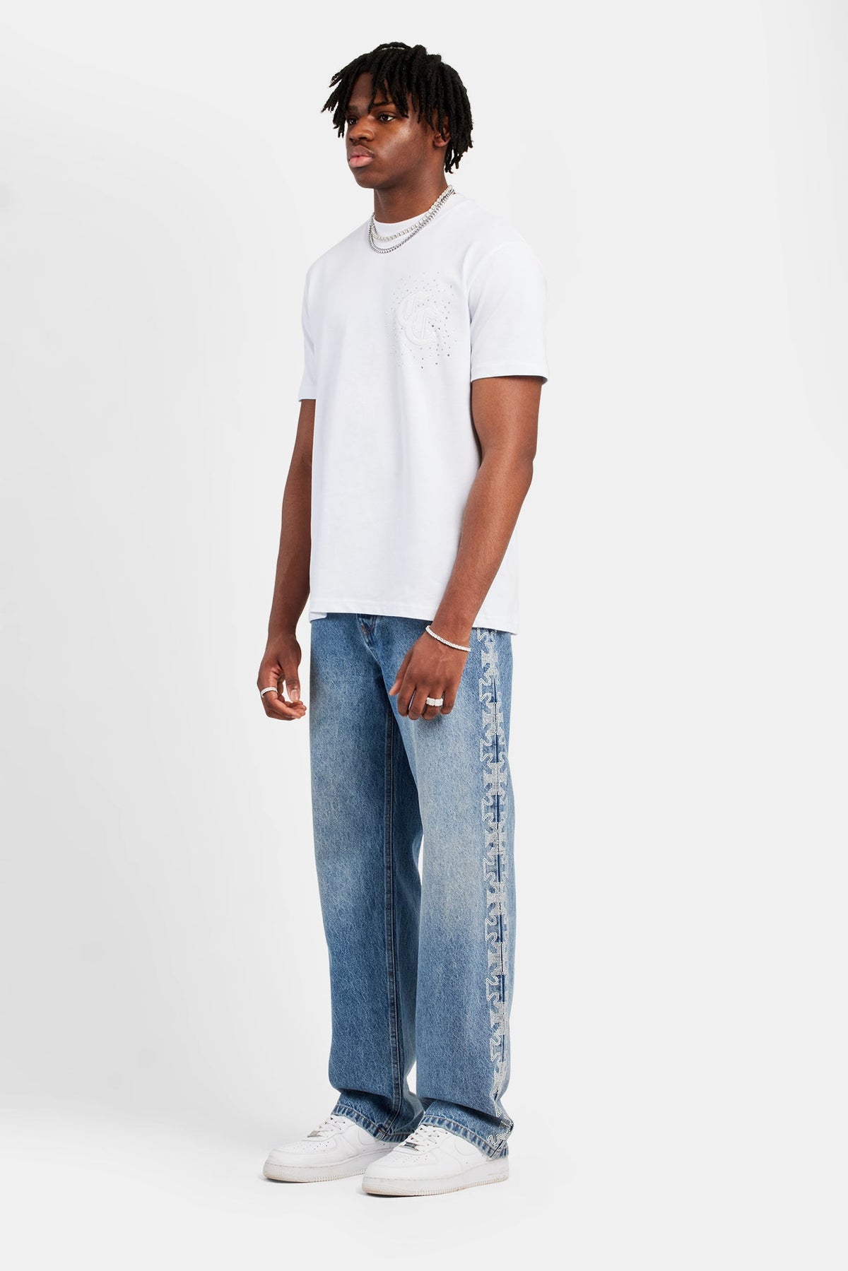 Relaxed Rhinestone Motif Jeans - Mid Blue | Mens Denim | Shop 