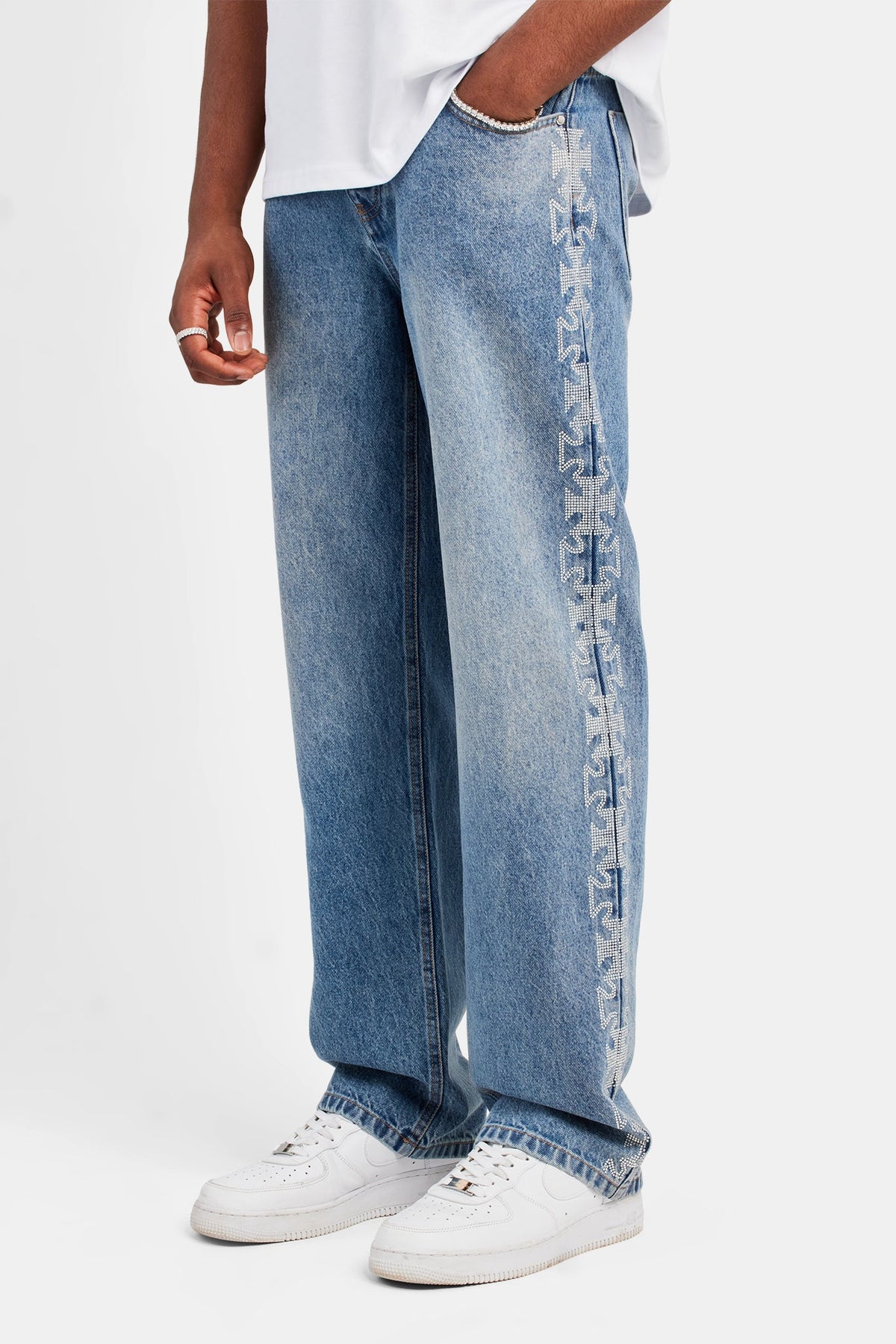 Relaxed Rhinestone Motif Jeans - Mid Blue | Mens Denim | Shop 