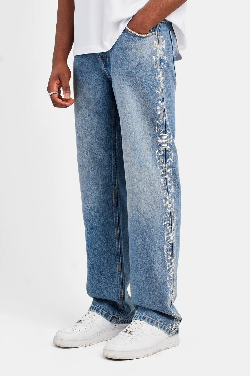 Relaxed Rhinestone Motif Jeans - Mid Blue