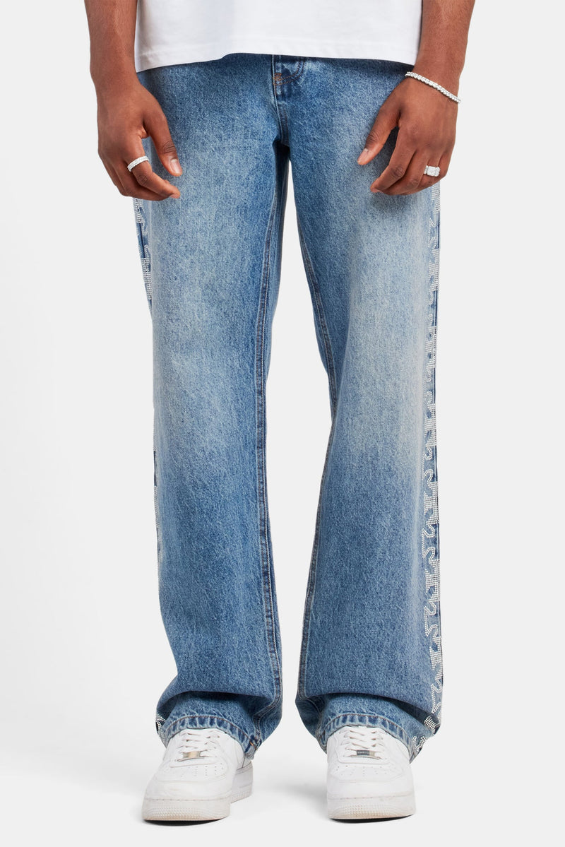 Relaxed Rhinestone Motif Jeans - Mid Blue