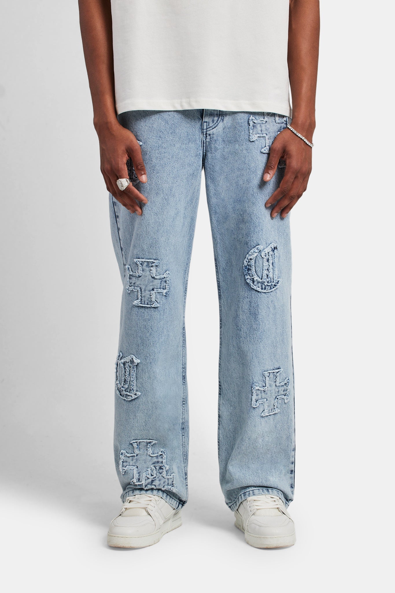 Baggy Raw Edge Applique Jeans - Light Blue | Mens Denim | Shop