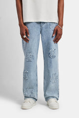 Baggy Raw Edge Applique Jeans - Light Blue