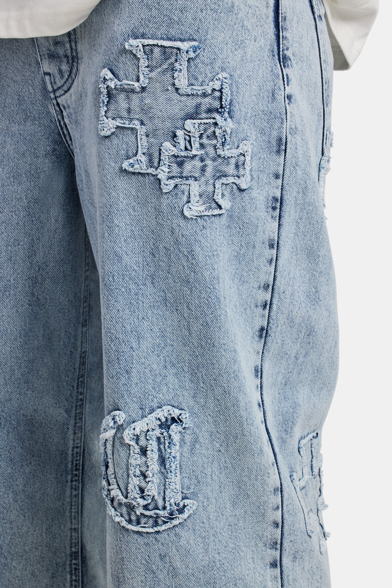 Baggy Raw Edge Applique Jeans - Light Blue | Mens Denim | Shop