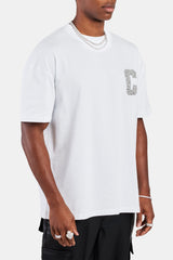 Oversized C Rhinestone Applique T- Shirt - White