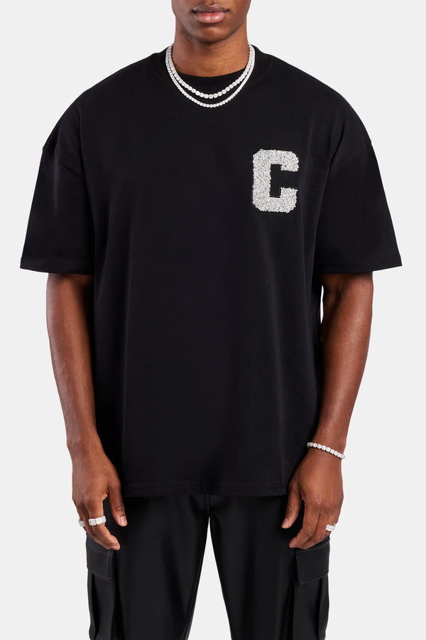 Oversized C Rhinestone Applique T- Shirt - Black