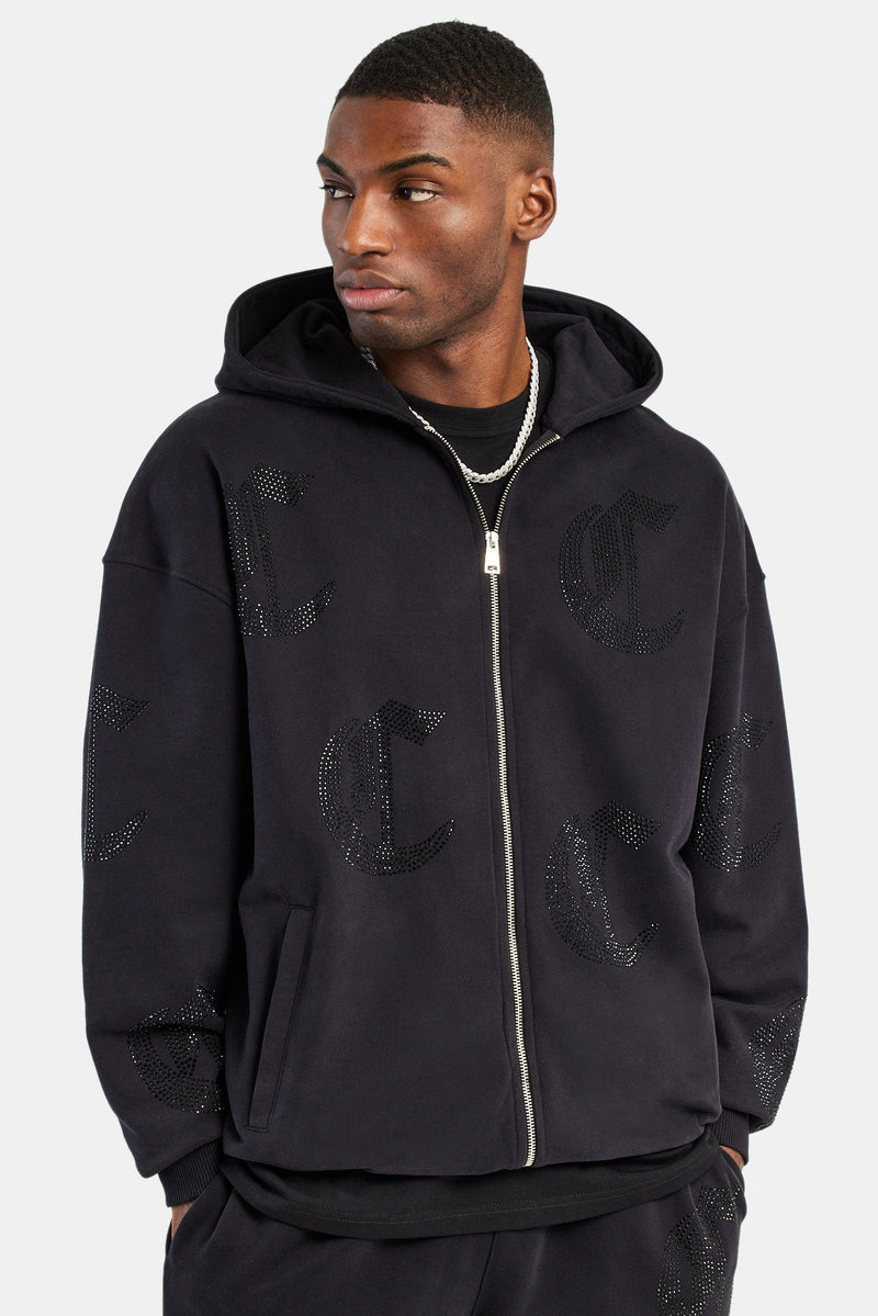 C Repeat Rhinestone Zip Through Hoodie - Black